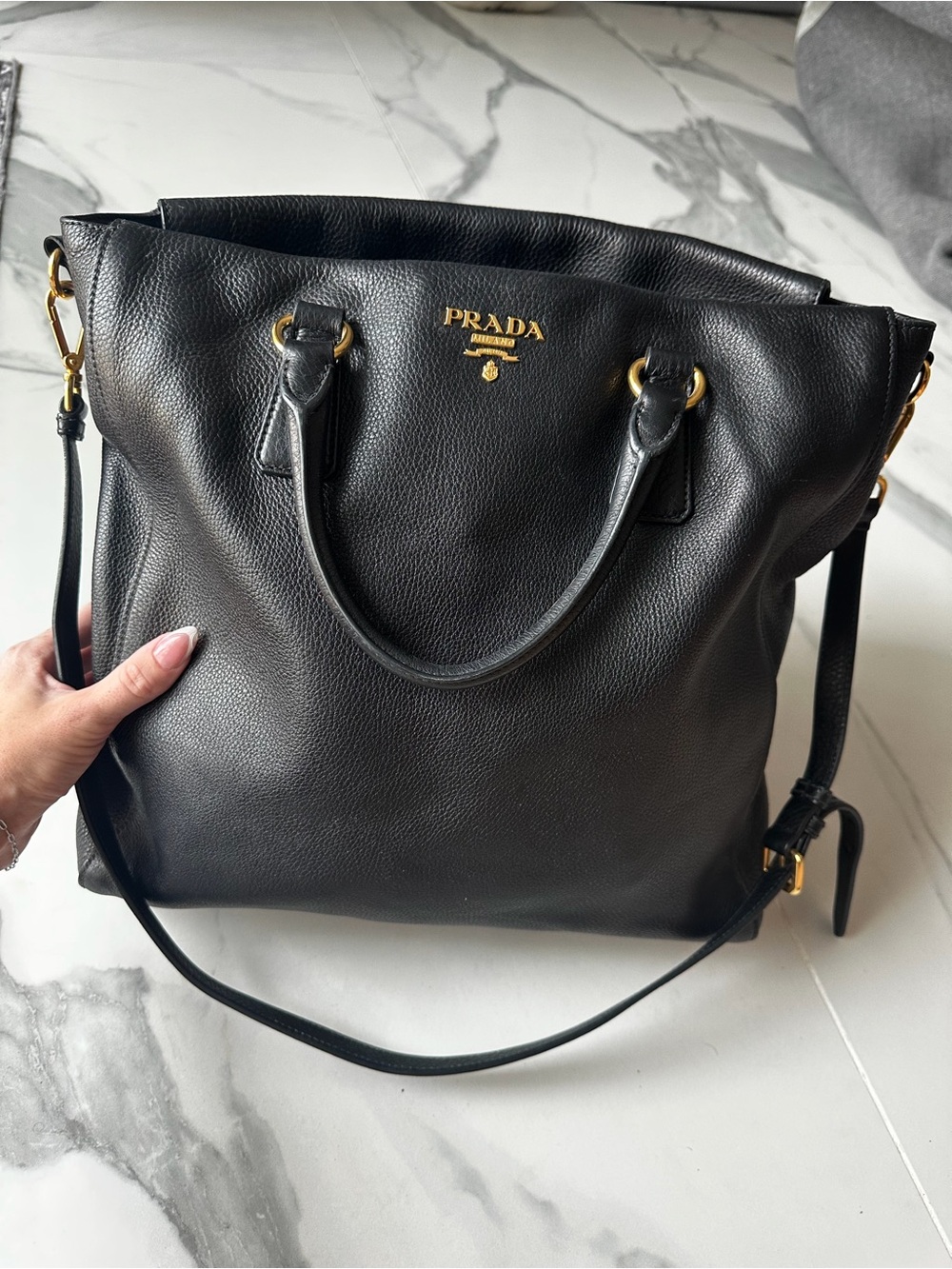 Authentic Prada Double Vitello Daino Black Leather Tote Bag Purse - Picture 1 of 16